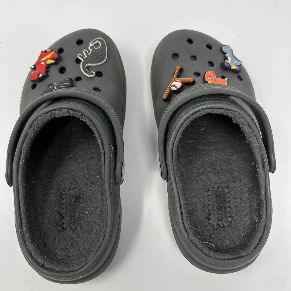 Crocs Gray Classic Slip On Clogs w / Dinosaur Charms Kids Size 12 C